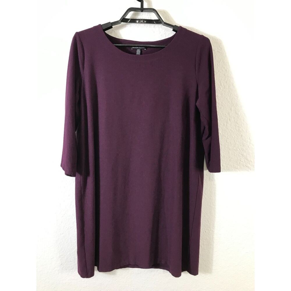 Eileen Fisher Womens Shift Dress Medium Burgundy Mini Stretch 3/4 Sleeve